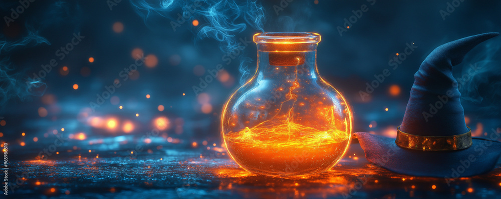 Offee drink in a beaker or potion bottle with glowing effects and a witch’s hat nearby Offee drink in a beaker or potion bottle with glowing effects and a witch’s hat nearby