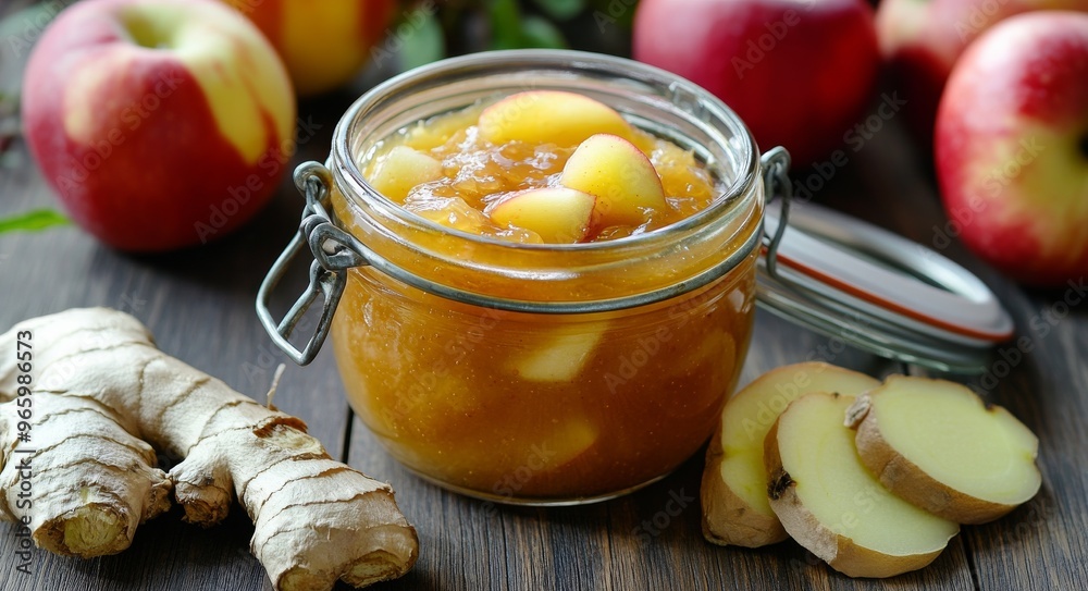 Homemade ginger and apple jam with fresh ginger root and apples on wooden table Homemade ginger and apple jam with fresh ginger root and apples on wooden table