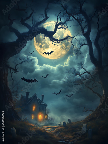 A haunted house in the dark night Halloween-themed background