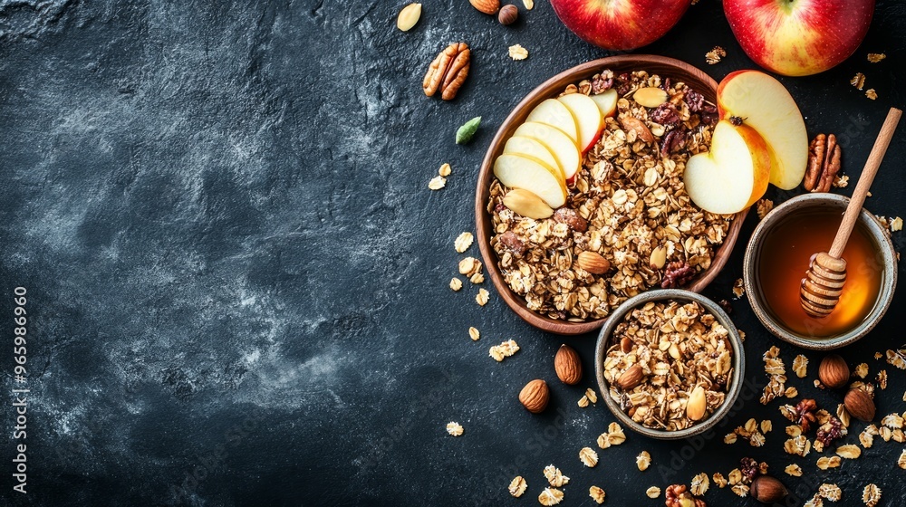 Healthy autumn breakfast granola. Apple pie granola with muesli, cinnamon spices, apples slices, honey and nuts, on black stone background copy space Healthy autumn breakfast granola. Apple pie granola with muesli, cinnamon spices, apples slices, honey and nuts, on black stone background copy space