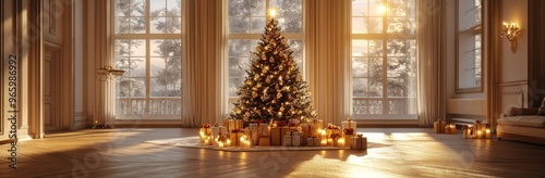 Cozy Christmas living room with a beautifully decorated tree and shimmering l...