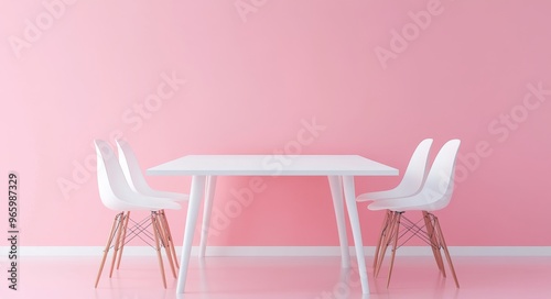 Modern dining area with white table and chairs against vibrant pink wall