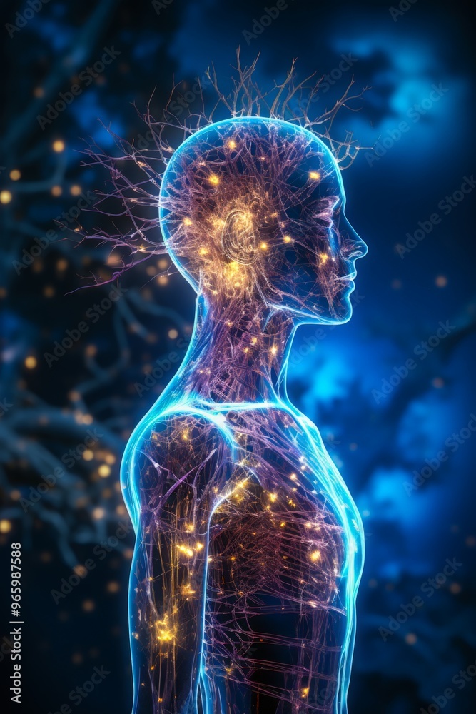 Symbolbild von Nervenzellen in einem transparenten menschlichen Körper, Generative AI