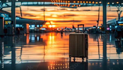 Solitary suitcase in bustling airport terminal at sunset, symbolizing the essence of travel and adventure