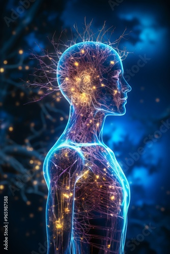Obraz na płótnie Symbolbild von Nervenzellen in einem transparenten menschlichen Körper, Generative AI w salonie