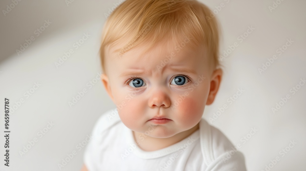 A baby with blue eyes and a frowning face. The baby is wearing a white shirt. The baby's expression is sad and it looks like it is crying A baby with blue eyes and a frowning face. The baby is wearing a white shirt. The baby's expression is sad and it looks like it is crying