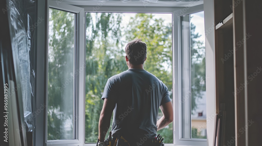 A man in work is standing next to the window and looking at it, working on new plastic double-glazed windows for an apartment in an incredibly beautiful white color. A man in work is standing next to the window and looking at it, working on new plastic double-glazed windows for an apartment in an incredibly beautiful white color.