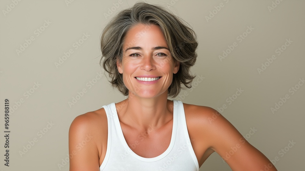 A woman with short hair and a white tank top is smiling A woman with short hair and a white tank top is smiling