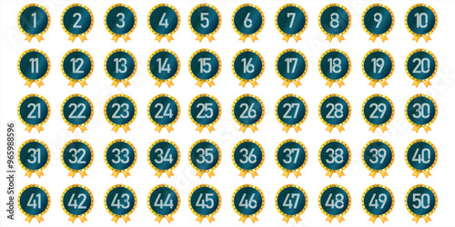 Numbers 1 to 50 award design, gold emblem with yellow star ribbon