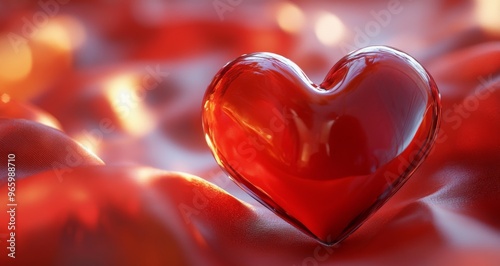 A glossy red heart sits on soft fabric, bathed in warm light in a romantic se...