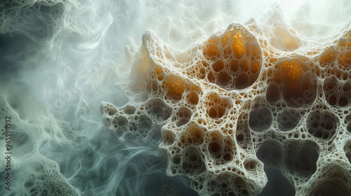 Abstract fungal colony growing in fractal-like patterns, spores swirling around in a misty, ethereal atmosphere photo