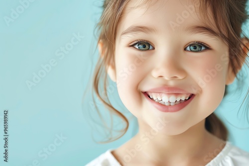 Cheerful girl with blue eyes and a bright smile on a light background, embodying joy and innocence.