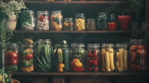 Colorful jars of preserved vegetables arranged on a wooden shelf in a cozy ki...