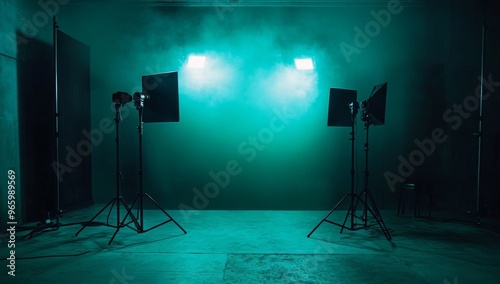 Illuminated studio environment with bright lights creating a foggy atmosphere...