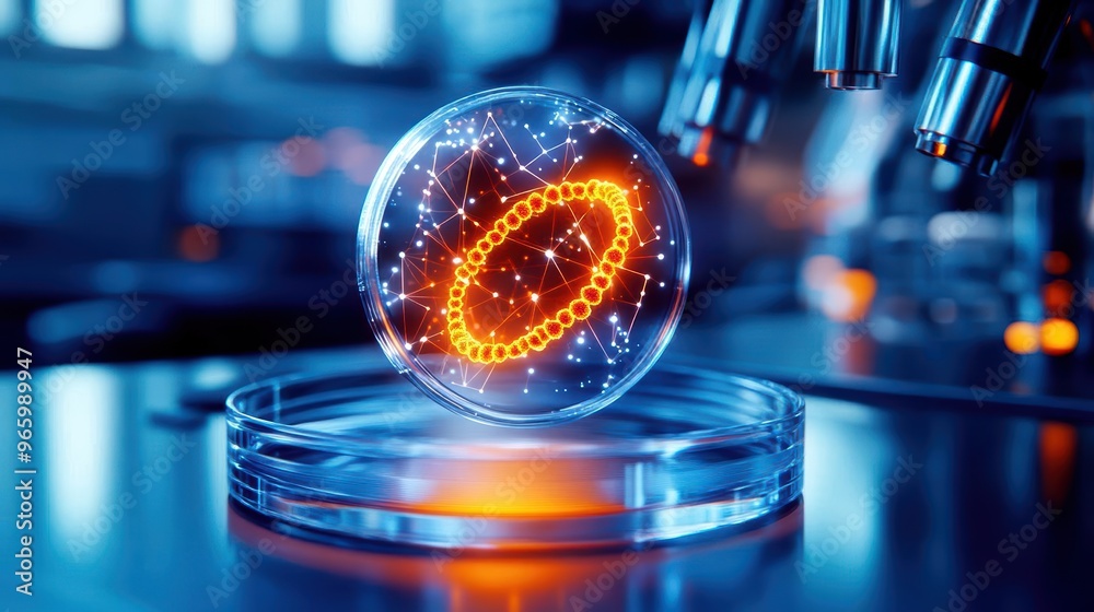 Futuristic lab scene showcasing a glowing sphere with intricate particles, symbolizing science and innovation in a modern environment. 3D Futuristic lab scene showcasing a glowing sphere with intricate particles, symbolizing science and innovation in a modern environment. 3D