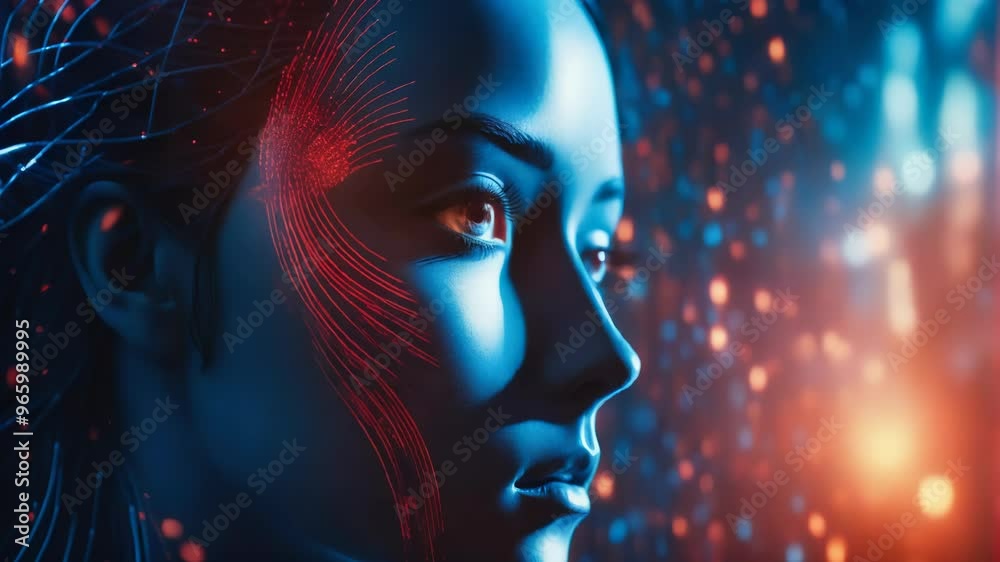 Cyborg Face with Digital Lines and Lights Cyborg Face with Digital Lines and Lights