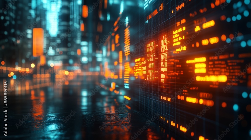 Abstract digital flow chart or structure with interconnected blocks and lines on a blurred background of an office space, representing data science technology in a business concept Abstract digital flow chart or structure with interconnected blocks and lines on a blurred background of an office space, representing data science technology in a business concept