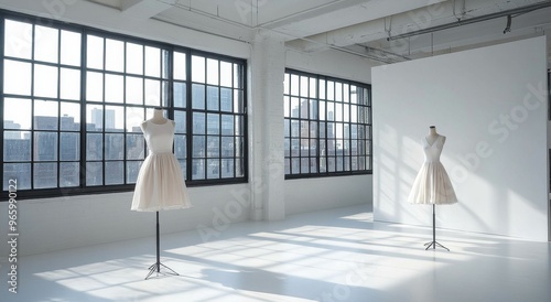 Brightly lit studio showcasing elegant white dresses on mannequins in a seren...