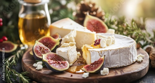 A festive cheese platter with fruits and honey on a wooden board during a win...