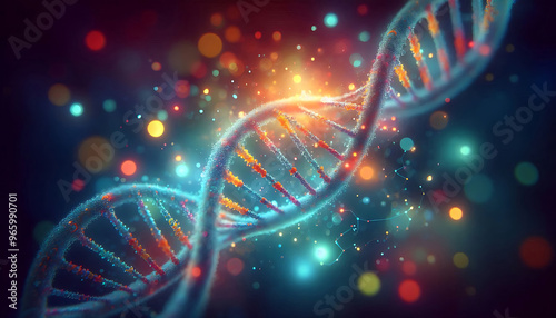 A DNA double helix structure against a blurred colorful background. The DNA strands are depicted with glowing vibrant colors showcasing the nucleotide bases and phosphate backbone