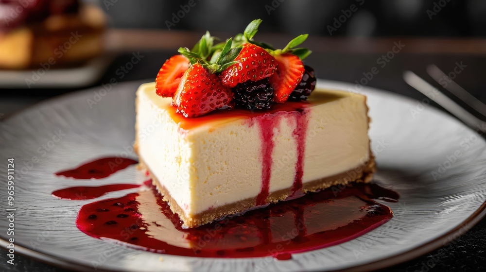 Decadent slice of New York cheesecake topped with fresh strawberries and a drizzle of berry sauce, creamy and indulgent Decadent slice of New York cheesecake topped with fresh strawberries and a drizzle of berry sauce, creamy and indulgent