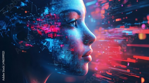 A digital portrait of a woman's face with neon blue and pink light streaks and particles around her.