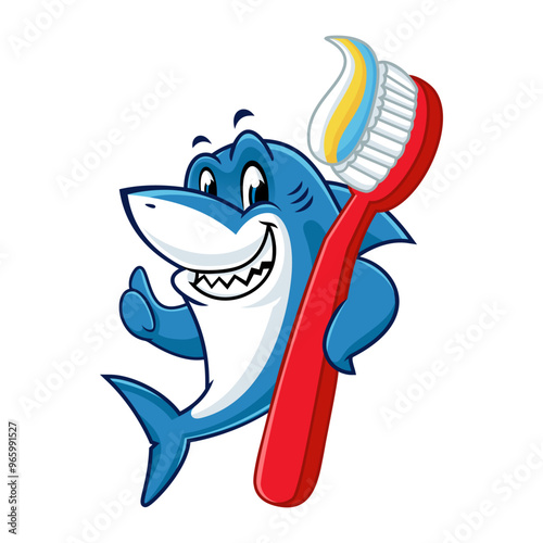 Happy cartoon shark mascot giving a thumbs up while holding a toothbrush with toothpaste.