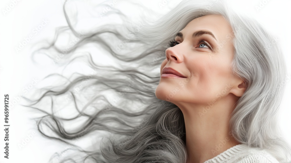 A woman with long gray hair is smiling and looking up. Concept of happiness and contentment A woman with long gray hair is smiling and looking up. Concept of happiness and contentment