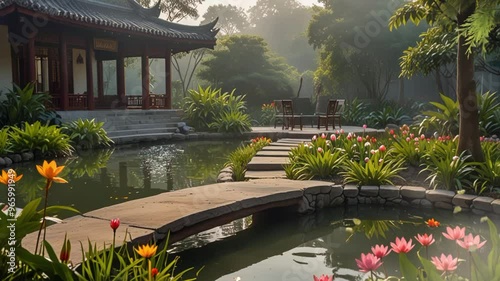 Vietnamese style garden, lush greenery with traditional Vietnamese architecture in the background. seamless looping 4k video background animation