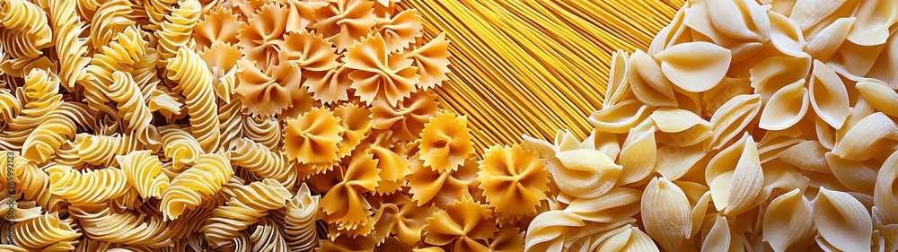 Golden Spaghetti Highlighted: Panoramic Array of Pasta Shapes with Vibrant Background