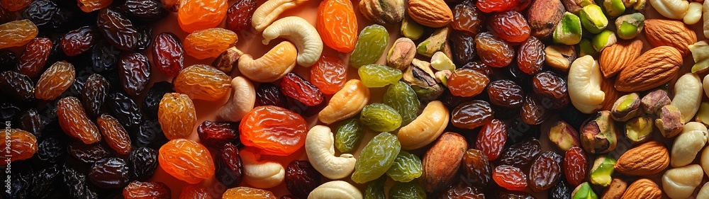 Rich Assortment of Nuts and Dried Fruits with Highlight on Dark Brown Dates in Panoramic View. Colorful Vibrant Background Adds Texture and Contrast. Rich Assortment of Nuts and Dried Fruits with Highlight on Dark Brown Dates in Panoramic View. Colorful Vibrant Background Adds Texture and Contrast.