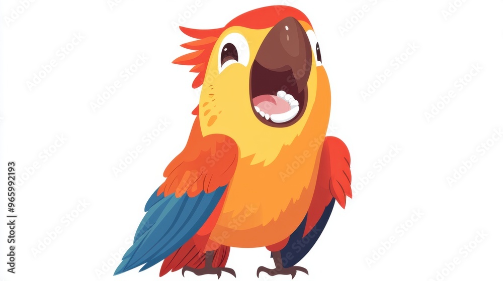 Happy cartoon parrot showing off clean teeth, isolated vector flat design Happy cartoon parrot showing off clean teeth, isolated vector flat design
