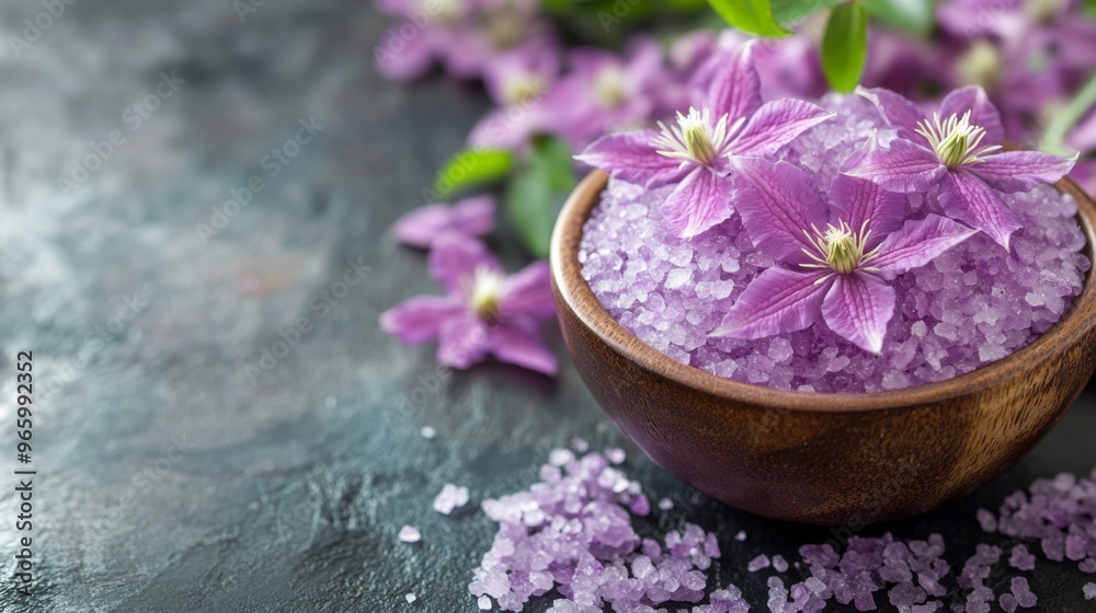 Purple Clematis Spa Salt for Aromatherapy with selective focus ideal for a calming spa experience with copy space Purple Clematis Spa Salt for Aromatherapy with selective focus ideal for a calming spa experience with copy space
