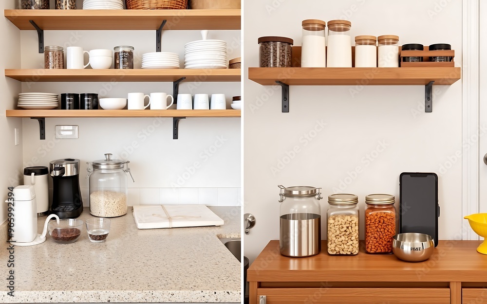 Obraz premium Minimalist kitchen design with wood shelves, white and brown jars, and a clean countertop, perfect for a modern home. 