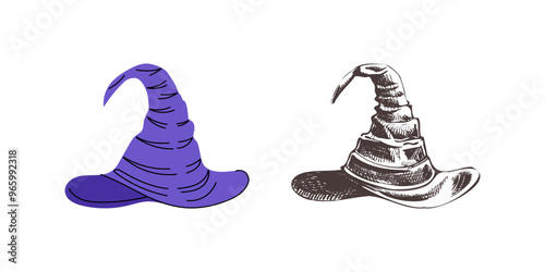 Flat and sketch style illustration for Halloween. A sketch of a witch's pointed hat. Vector illustration.
