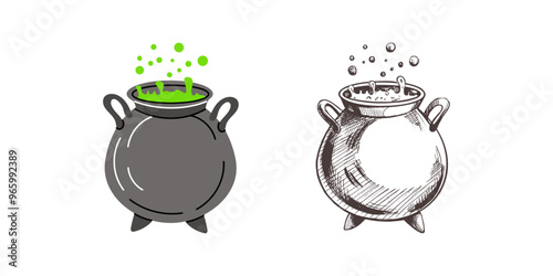Halloween cauldron isolated on white background.  Flat and sketch style vector sketch doodle graphic illustration. Halloween party, holiday, cloth, print, icon, logo, paper, decor.
