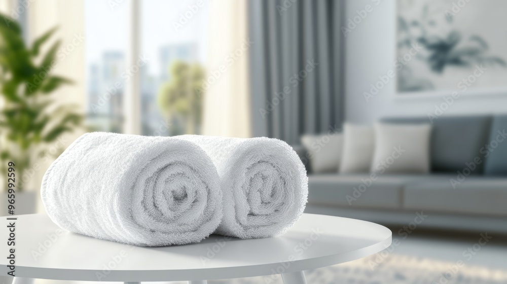 Roll up of white towels on white table with copy space on blurred living room background Roll up of white towels on white table with copy space on blurred living room background