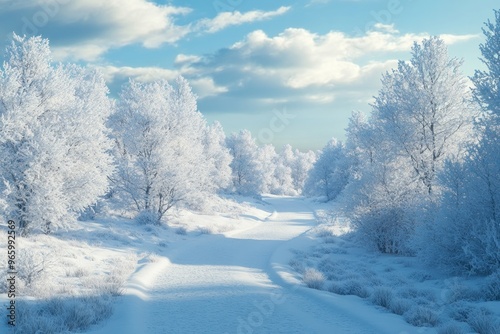 Snow-Covered Path Through a Frozen Forest