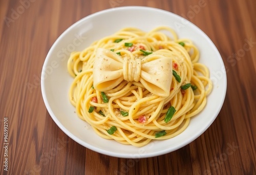 a close up of a bowl of pasta with a bow tie on top. photo