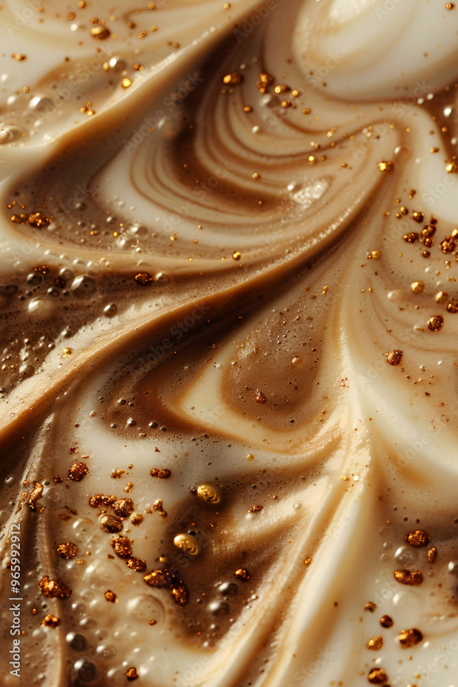 Creamy coffee foam swirls with golden sprinkles and rich caramel tones in a close-up view Creamy coffee foam swirls with golden sprinkles and rich caramel tones in a close-up view