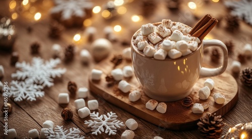 Warm hot chocolate with mini marshmallows and cinnamon sticks on a wooden tra...