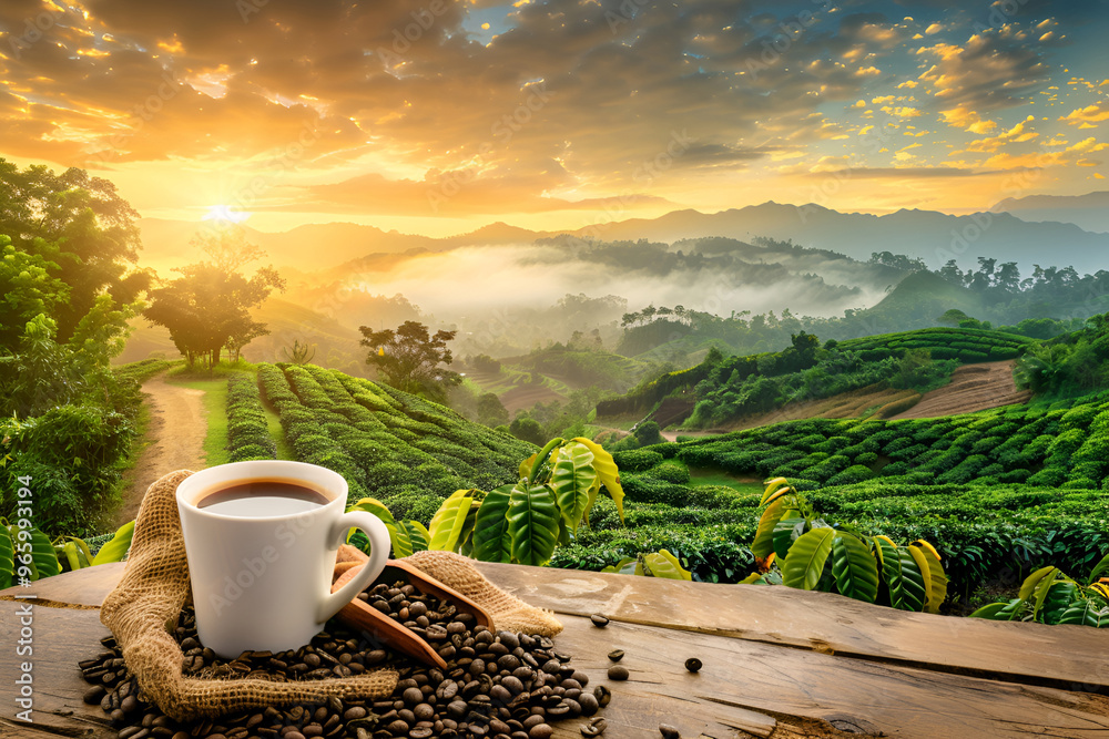 A cup of coffee with roasted beans overlooking a scenic sunrise on a coffee plantation A cup of coffee with roasted beans overlooking a scenic sunrise on a coffee plantation