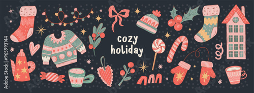Cozy Winter collection of hand-drawn Christmas elements like Sweaters, Mittens, Candy Canes, and Holiday decorations. Cute Warm aesthetic Stickers for Planner, Dairy, and Scrapbooking