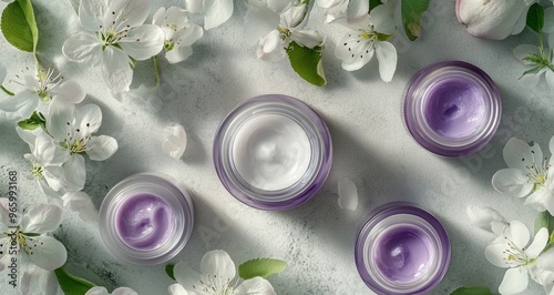 Four skincare jars surrounded by fresh flowers on a textured surface in natur...