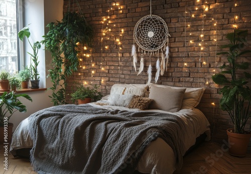 Cozy bedroom adorned with string lights and plants in a serene urban setting