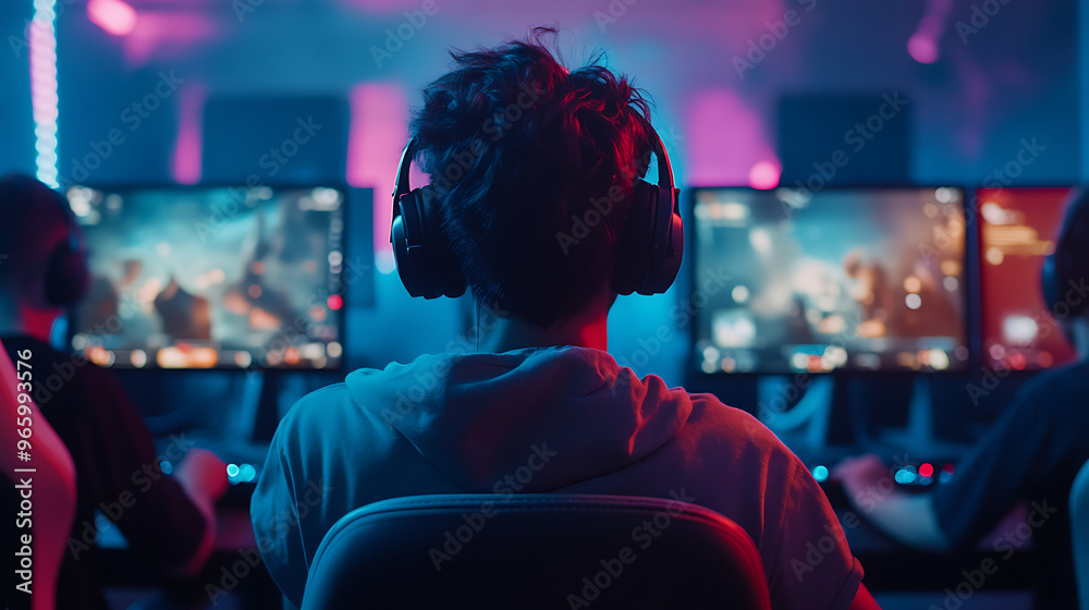 Group of Gamers Immersed in Intense Video Game Session Group of Gamers Immersed in Intense Video Game Session