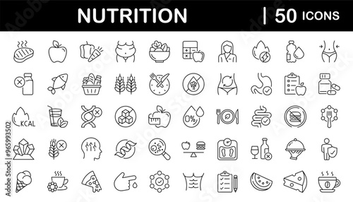 Nutrition set of web icons in line style. Healthy food linear icon collection. Containing food, vegetables, water, palm oil free, сaunt calories, zero trans fat, probiotics and more. Editable stroke