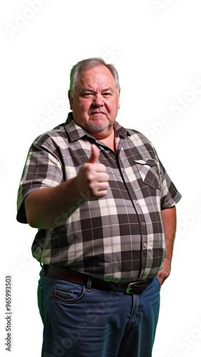 A chubby old man with a sullen face shows a thumbs up