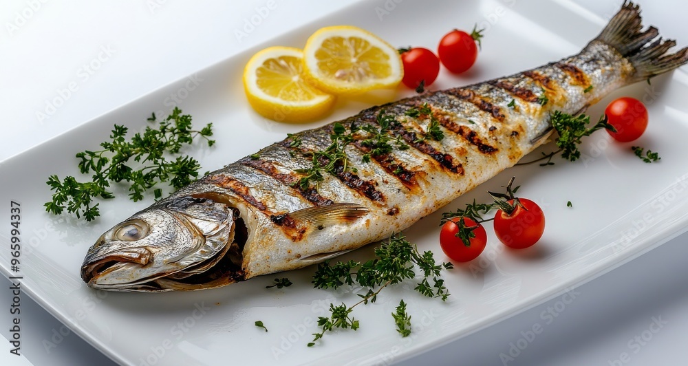 Grilled fish served with fresh herbs, tomatoes, and lemon slices on a white platter Grilled fish served with fresh herbs, tomatoes, and lemon slices on a white platter