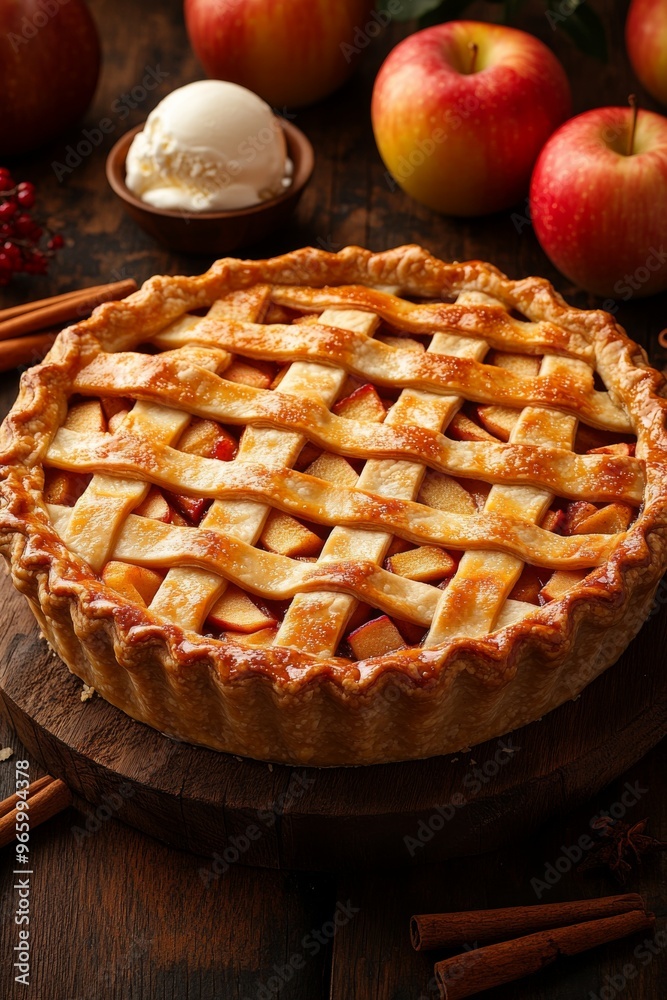 Apple Pie: A freshly baked apple pie with a beautifully crafted lattice crust, served on a rustic table with fresh apples, cinnamon sticks. Apple Pie: A freshly baked apple pie with a beautifully crafted lattice crust, served on a rustic table with fresh apples, cinnamon sticks.